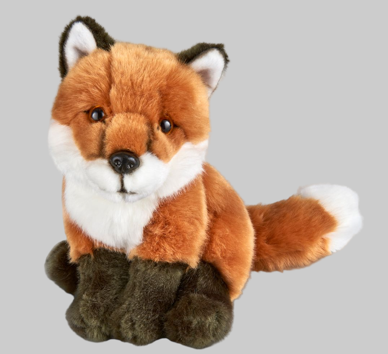 A plush toy resembling a medium-sized fox with a brown color scheme and a fluffy tail.