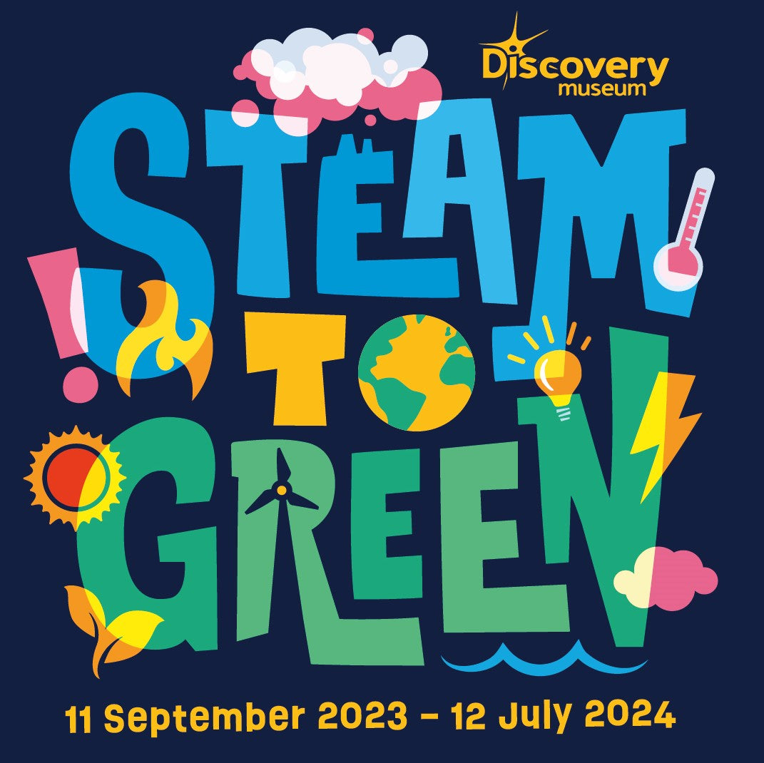 Promotional poster for 'Steam to Green' event at Discovery Museum with colorful text and icons on a dark blue background.