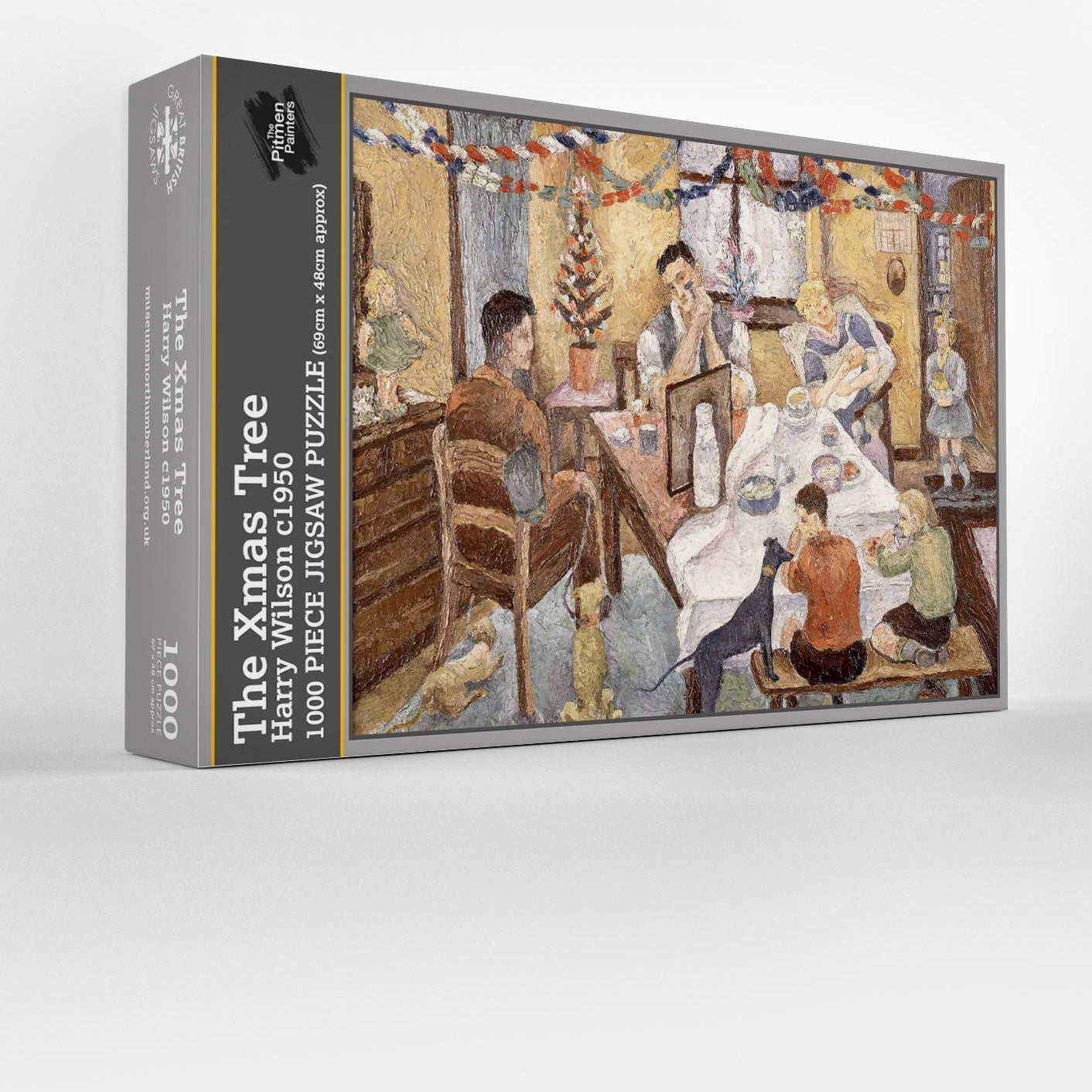 Puzzle box featuring a family around a Christmas tree