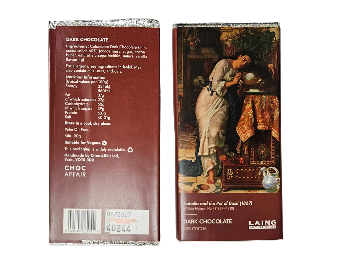 A chocolate bar shown front and back on a plain light background. The front features the painting Isaballa and the pot of Basil and the back shows ingredients.