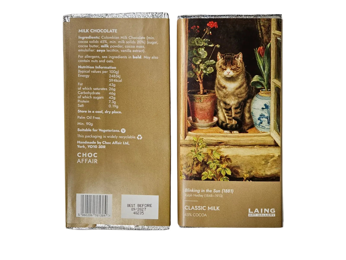 Laing Classic Milk Chocolate bars with the image of Isabella and the Pot of Basil depicting a cat on a step with potted plants.