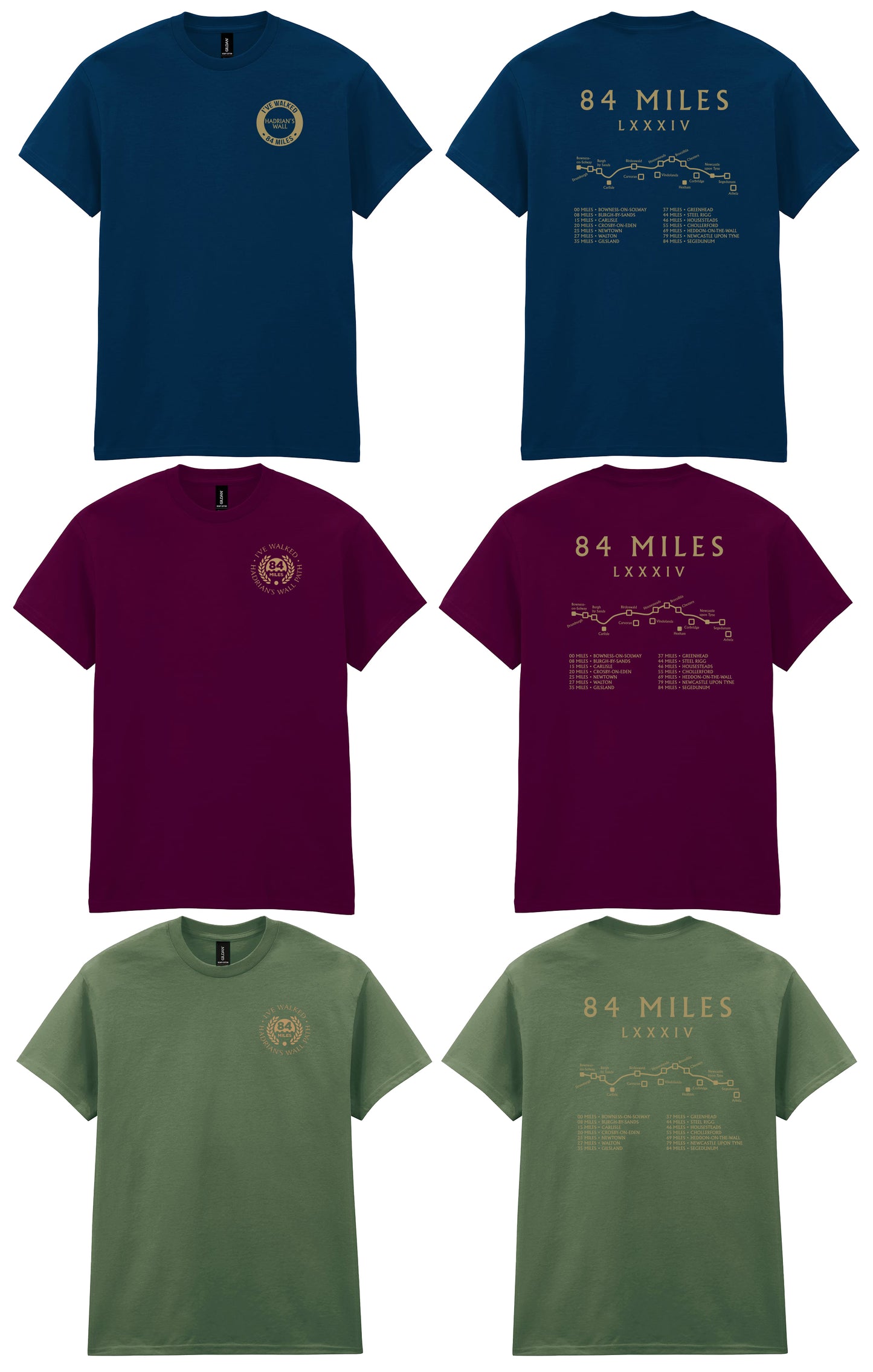 Four blue, purple, and green t-shirts with text and graphics on a white background