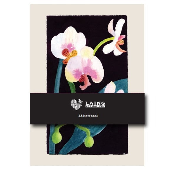 A5 notebook with floral design and 'Laing Art Gallery' branding on a beige background