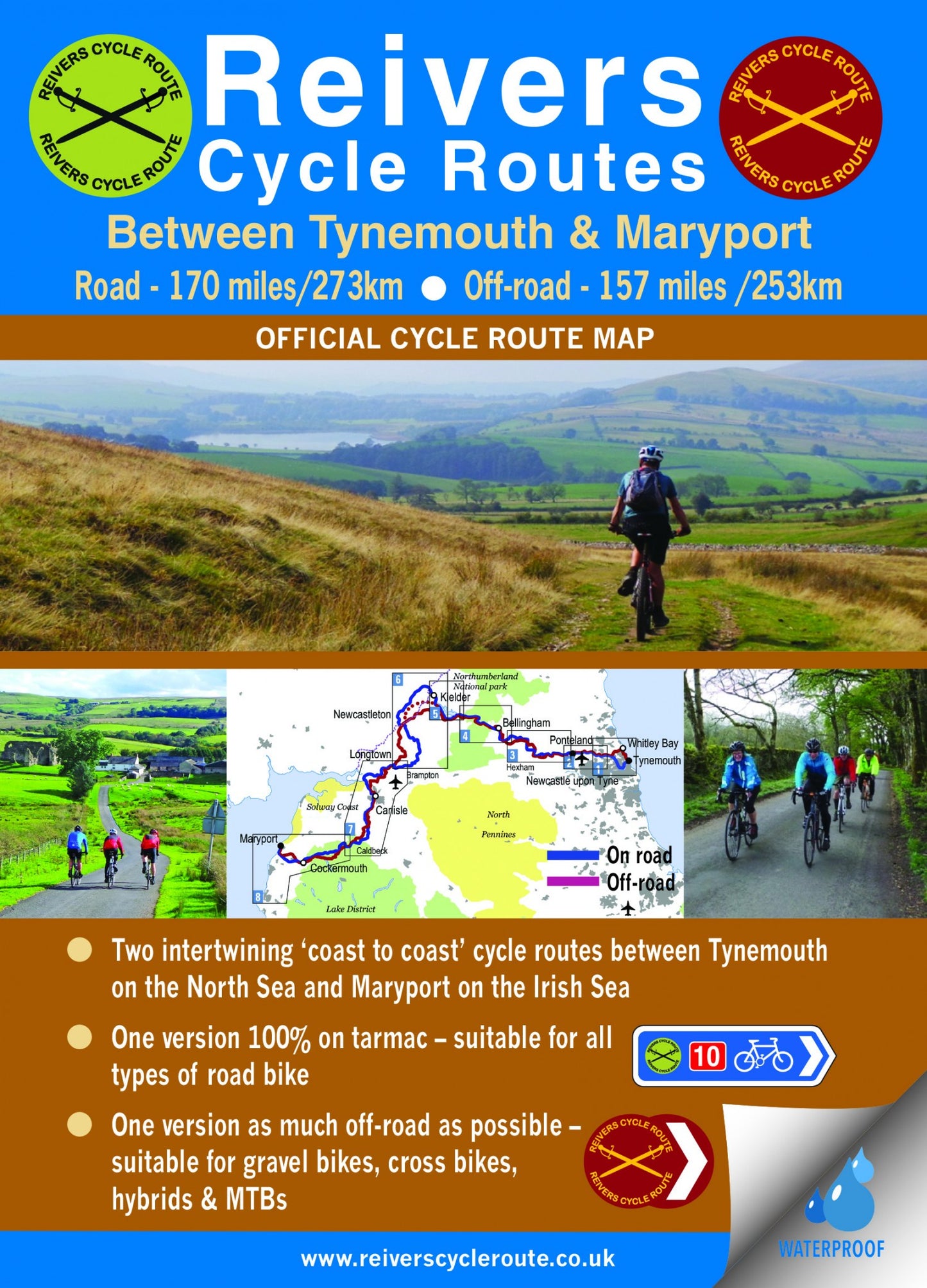 Map of Reivers Cycle Routes between Tynemouth and Maryport with cycling graphics and text.