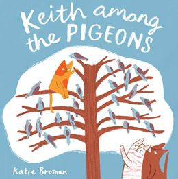 Book cover of 'Keith among the Pigeons' with a fox and pigeon illustration.