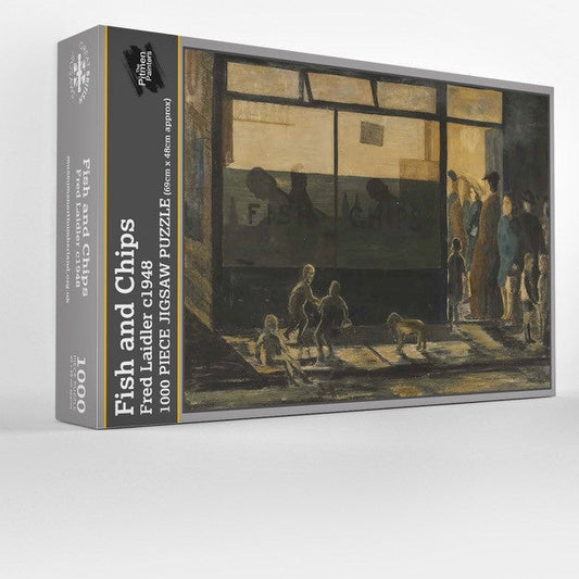 Jigsaw puzzle box with artwork of a fish and chip shop with silhouettes of people inside and children playing with a dog outside.