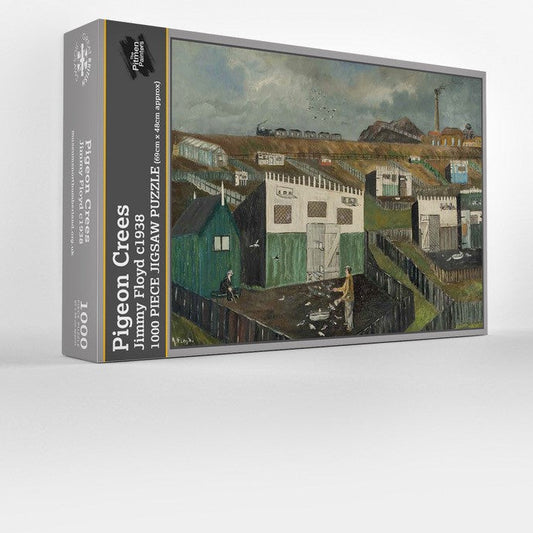 Jigsaw puzzle box with a picture of allotments and pigeons 