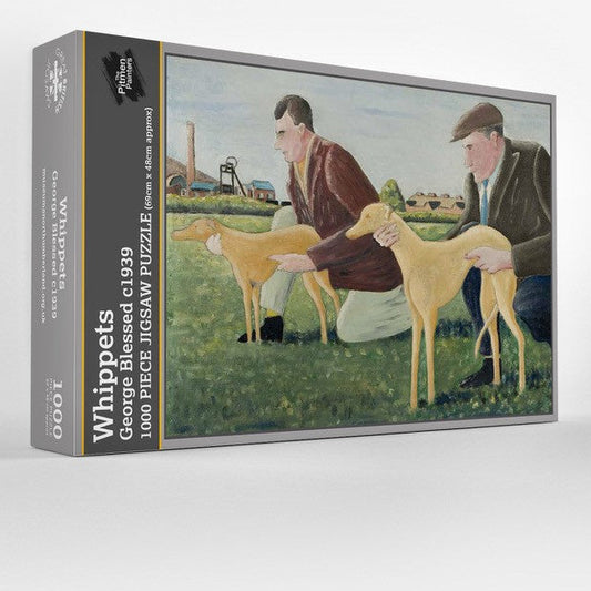 Jigsaw puzzle box featuring two men with dogs on a grassy field.