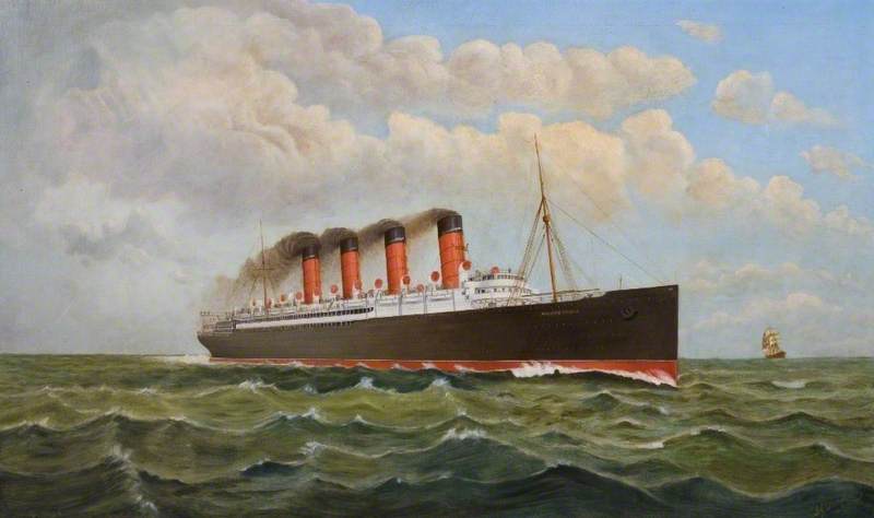 Painting of a large steamship on the ocean with a blue sky and clouds.