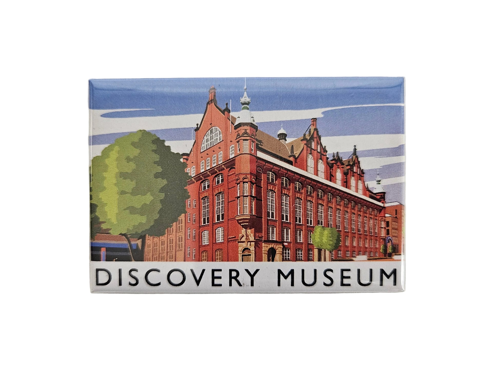 A rectangular printed magnet featuring an illustration of the Discovery Museum building, with the words 'DISCOVERY MUSEUM' printed along the bottom, shown against a light textured background.