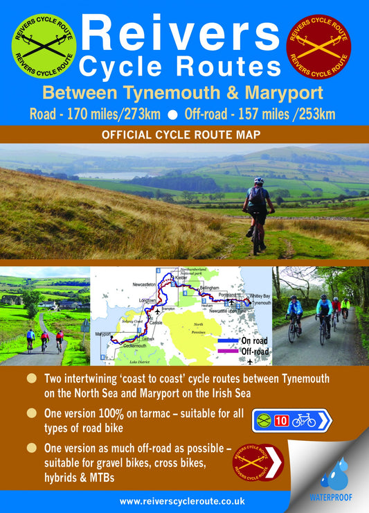 Map of Reivers Cycle Routes between Tynemouth and Maryport with cycling graphics and text.