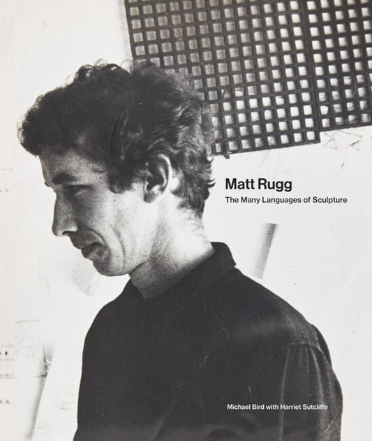 Black and white portrait of a man with text about sculpture and artists on a textured background