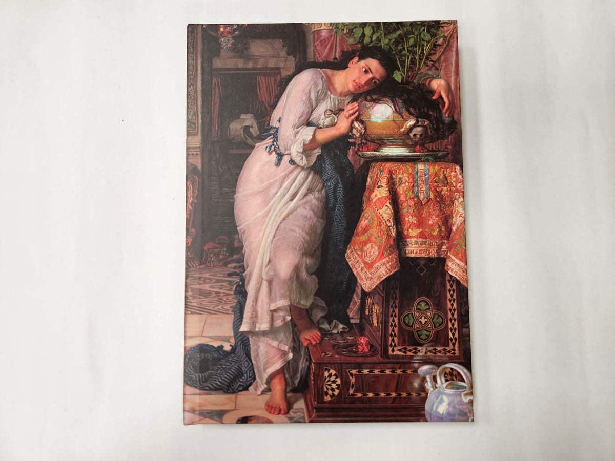 Image of Isabella and the pot of Basil which featuring a woman in a pale dress beside a table with ornate textiles and a pot with basil plant. 