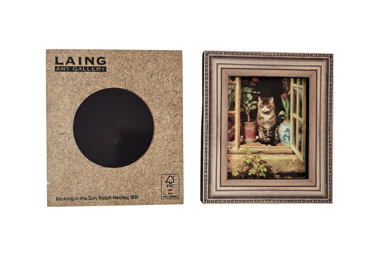 A framed art print and its packaging box by LAING Art Gallery. The square wooden magnet with text reading 'LAING ART GALLERY'