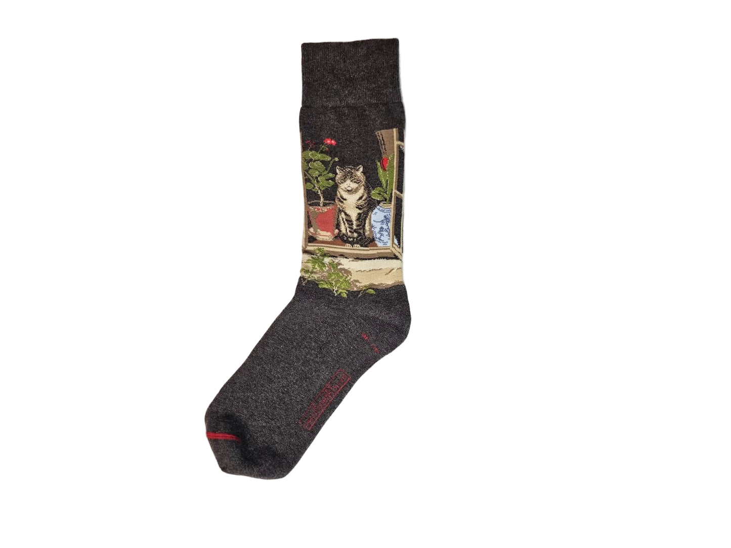 A dark gray heather sock with a detailed graphic image of a cat sitting by a window with potted plants, shown on a light background.