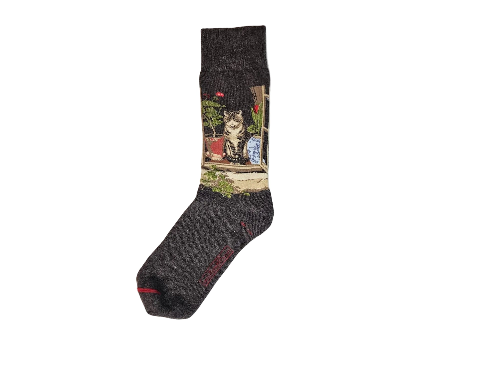 A dark gray heather sock with a detailed graphic image of a cat sitting by a window with potted plants, shown on a light background.