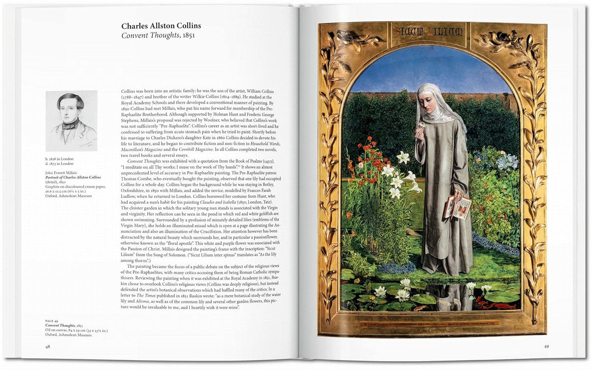 An open book spread showing a printed article about Charles Allston Collis on the left page and a reproduction of his 1893 painting 'Convent Thoughts' on the right page, framed by an ornate gold border.