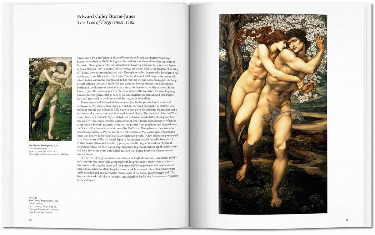 Open book with the title Edward Coley Burne Jones, the Tree of Forgiveness and also showing a painting of two nude figures embracing in a natural setting, with text on the left.