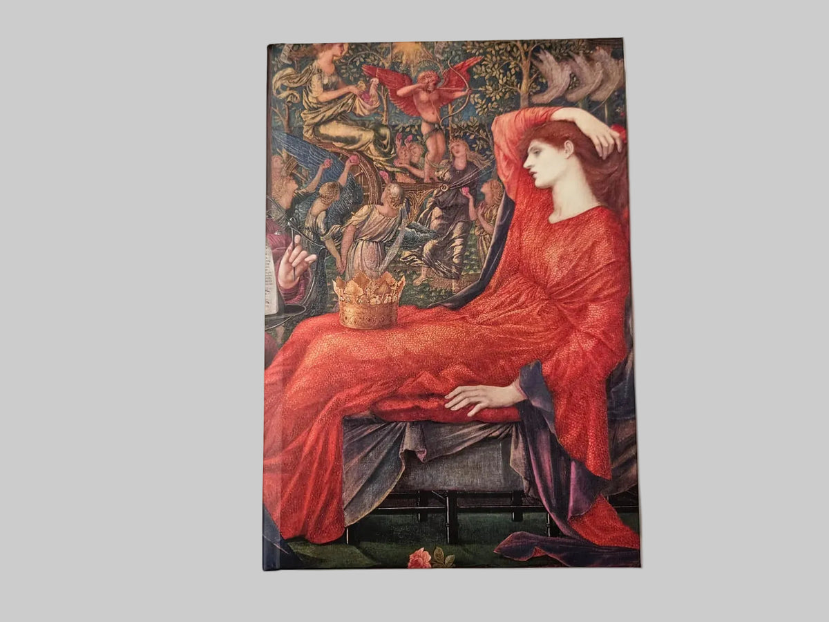 A journal featuring an image of the painting Laus Veneris by Edward Burn Jones. it features a lady in a red dress with a crown on her lap. 