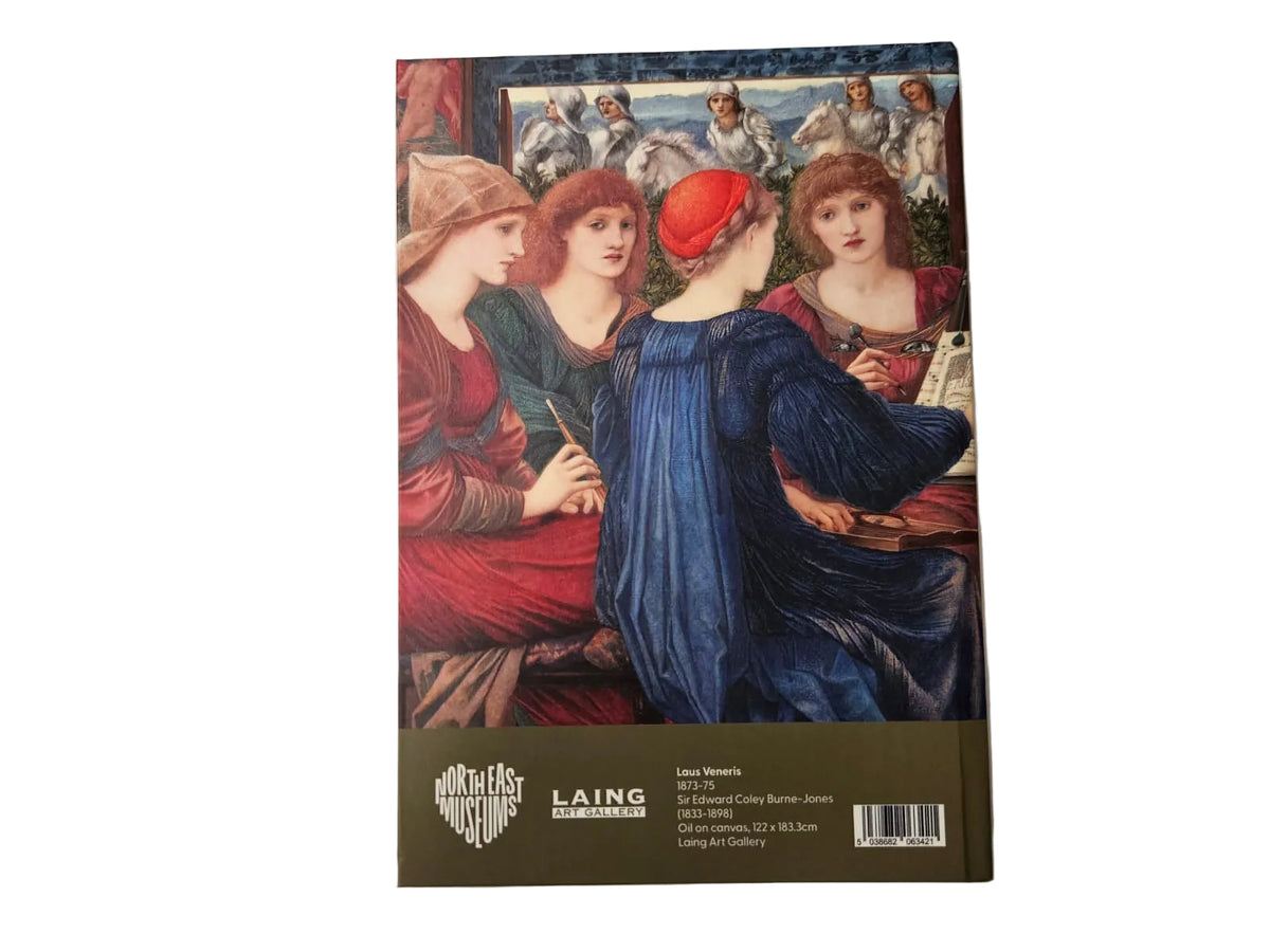The back of a journal cover the painting Laus Veneneris by Edward Burne Jones. It shows four women in red and blue garments, The bottom section is green with Logos for North East Museums and the Laing Art Gallery.