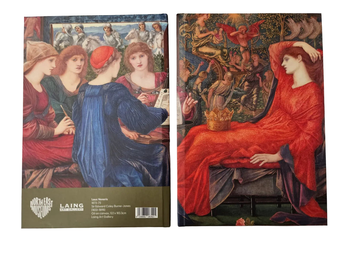 Front and back of a journal featuring an image of the painting Laus Veneris by Edward Burn Jones. it features a lady in a red dress with a crown on her lap and a group of people 