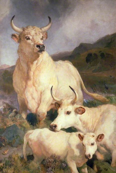 Painting of a white bull and two cows in a pastoral landscape