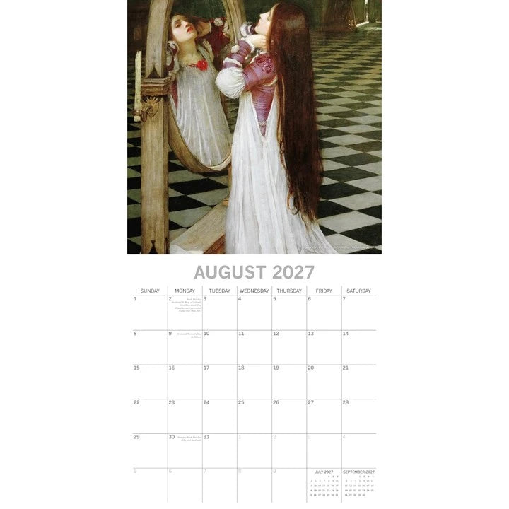 A printed calendar page showing a  painting of a woman in a white dress looking into a mirror, with the text AUGUST 2027 and a weekly calendar grid 