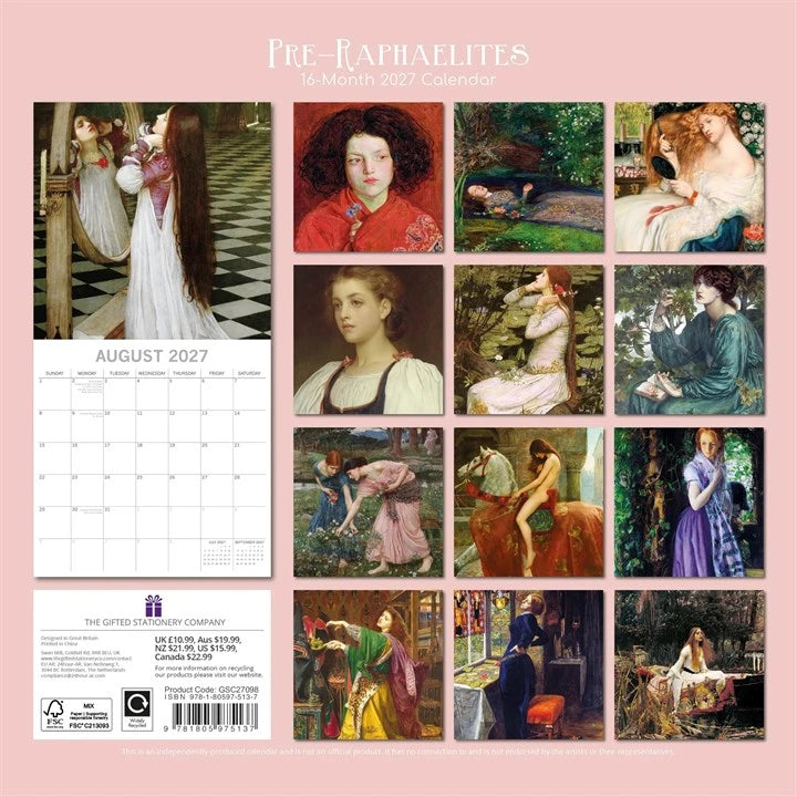 A 16-month pre-Raphaelites calendar page for August 2027, featuring multiple classical art illustrations in a pink border layout. The calendar includes artwork from the Pre-Raphaelite group, with a visible monthly calendar grid and product details at the bottom.