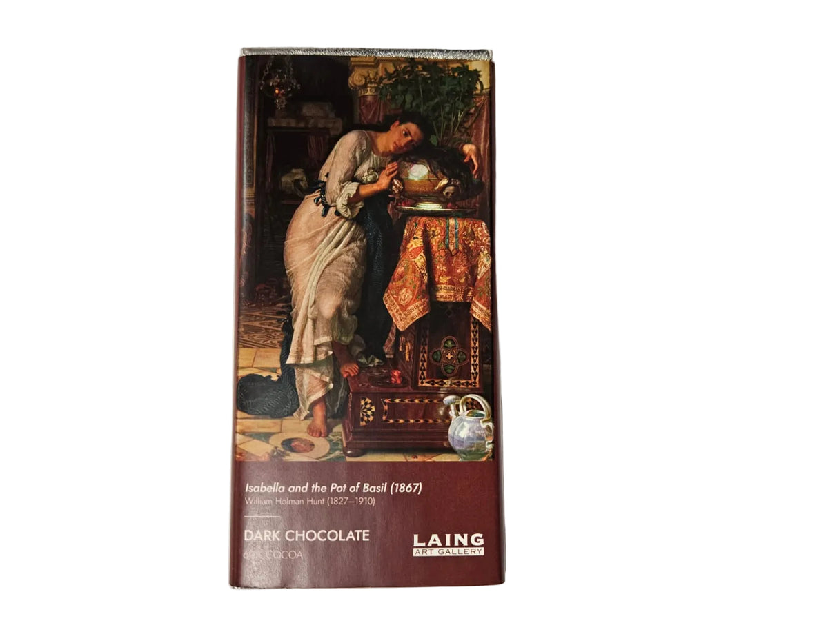 A bar of Dark Chocolate, featuring Isabella and the Pot of basil on the front cover, set against a white background.