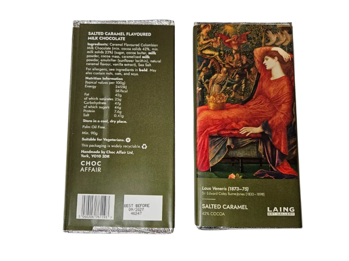 Two views of a Laing Chocolate 'Salted Caramel' bar package on a white background, showing the front artwork and the back with text and barcode.