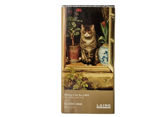 Laing Classic Milk Chocolate bars with the image of Isabella and the Pot of Basil depicting a cat on a step with potted plants. 