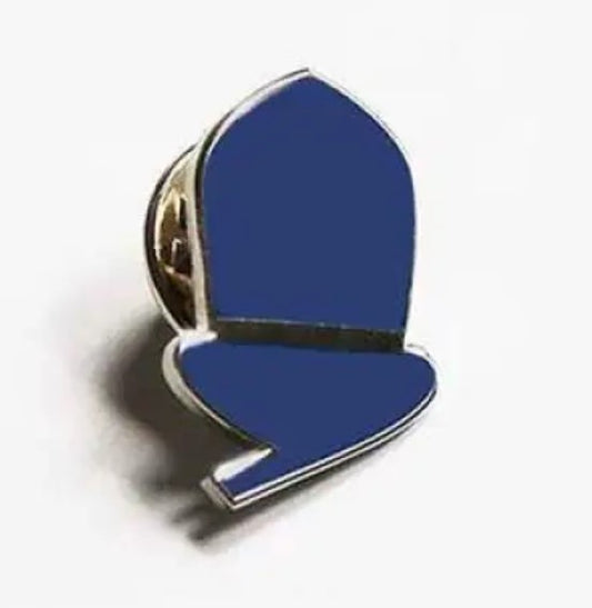 Blue acorn shaped pin on a white background