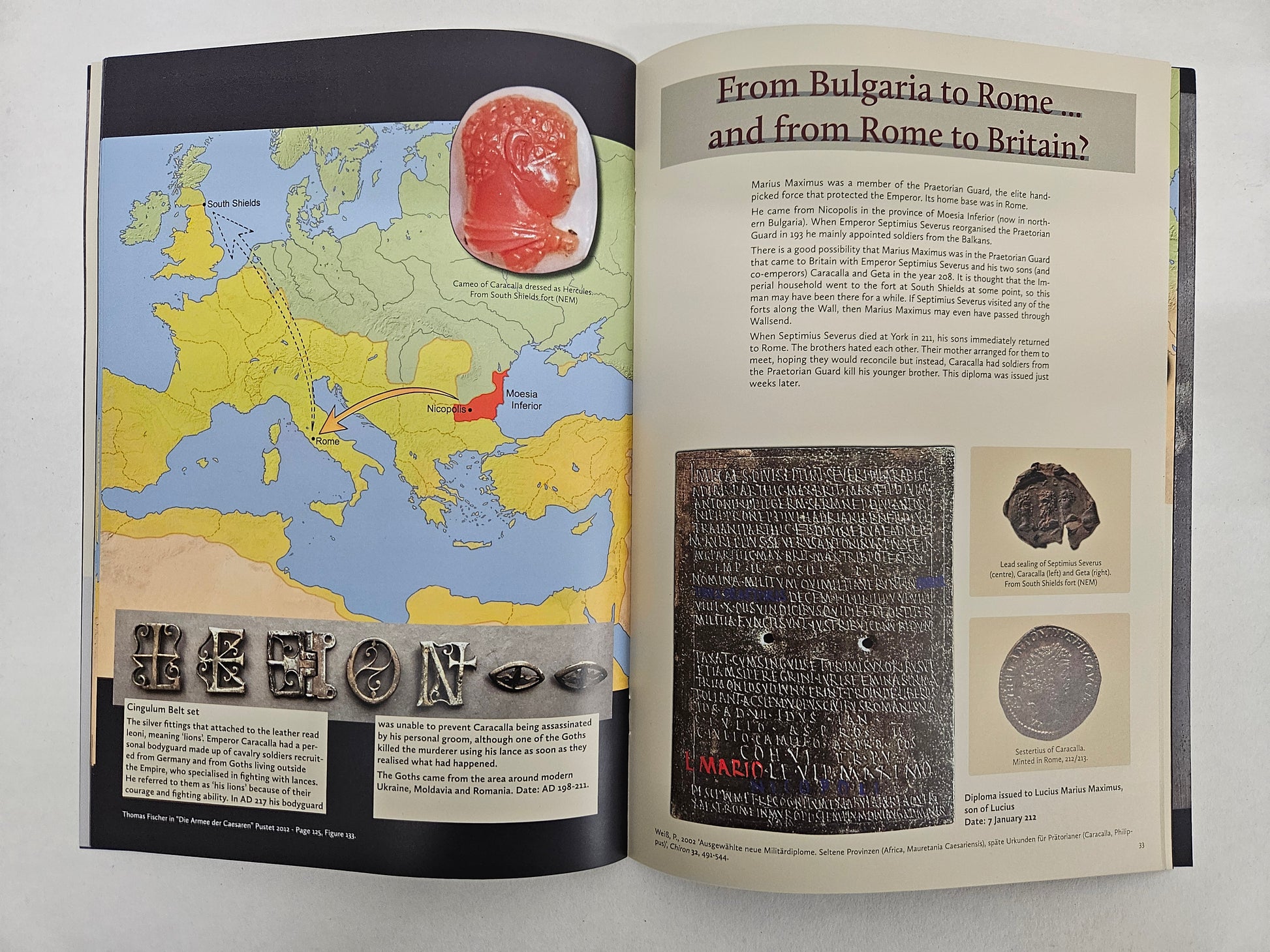 An open book spread showing a historical map page titled 'From Bulgaria to Rome and from Rome to Britain. 