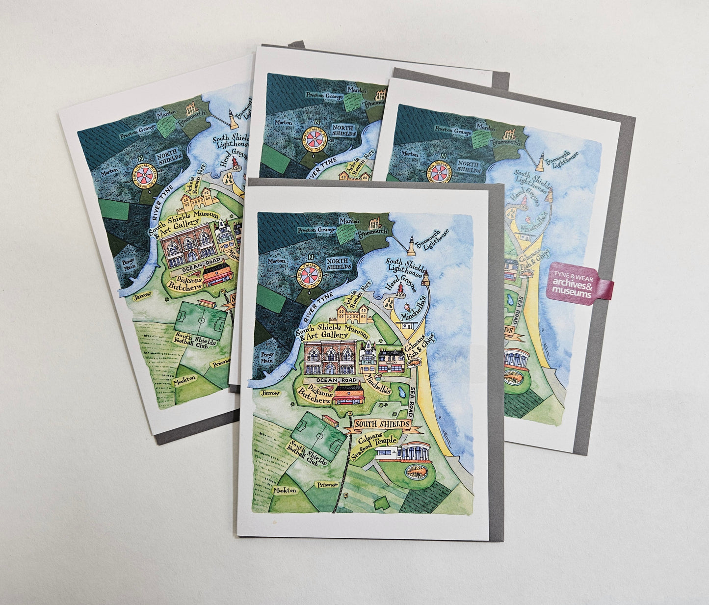 Set of four illustrated maps showing prominent businesses in South Shields on a white background