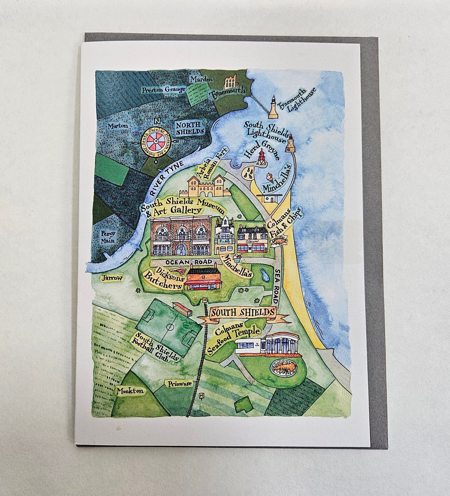 Colorful illustrated map of South Shields on a white background