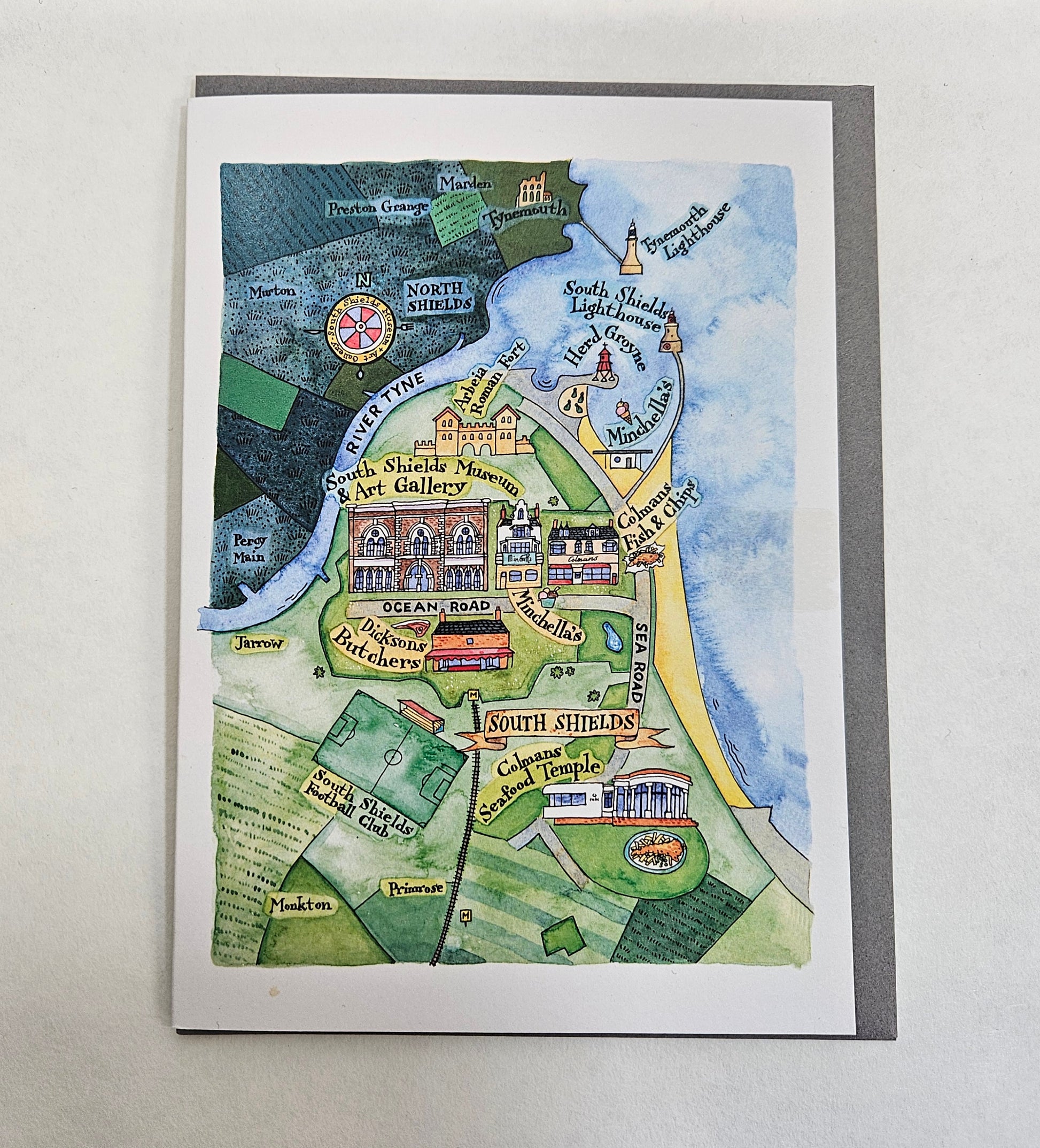 Colorful illustrated map of South Shields on a white background