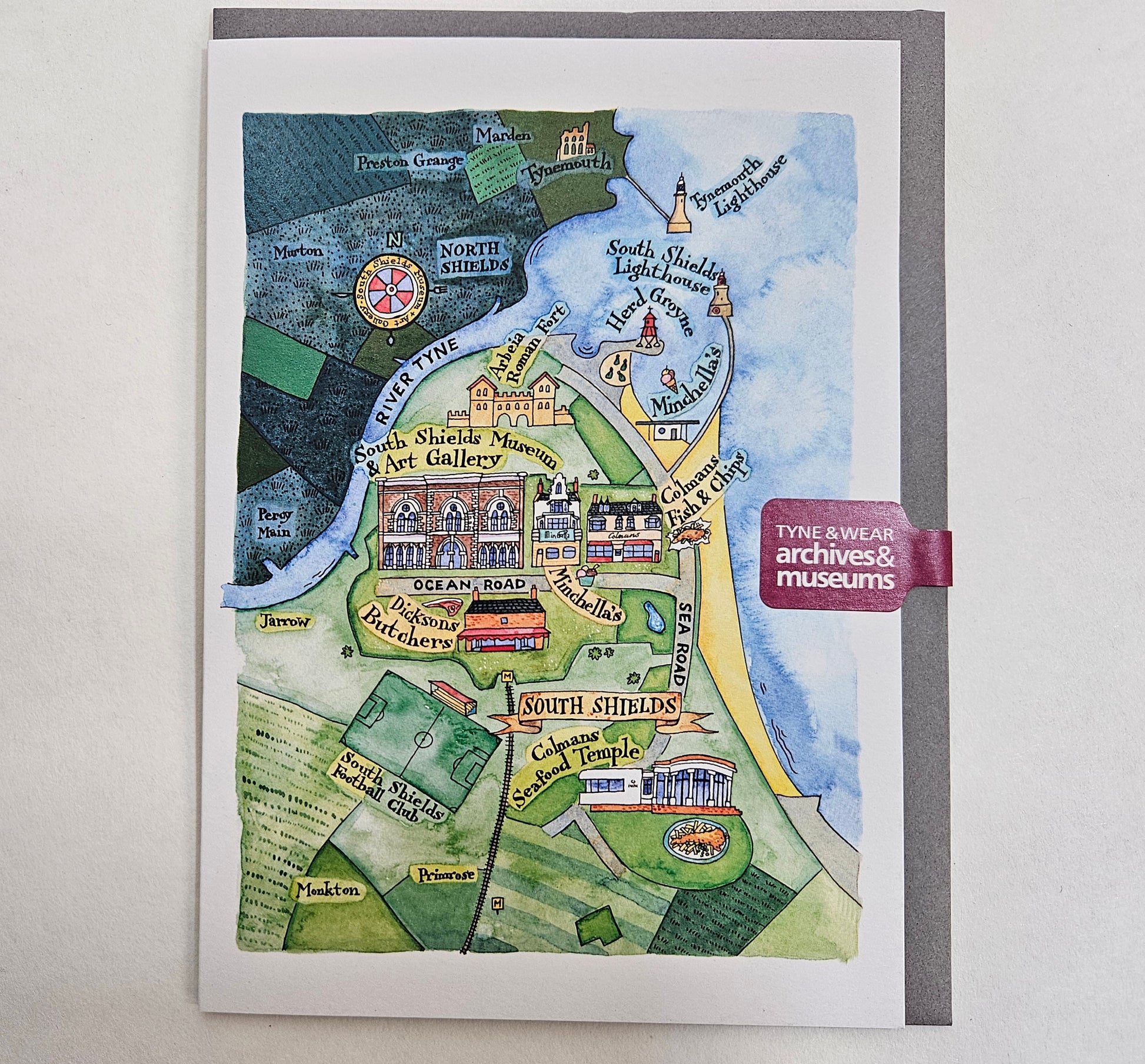 Colorful illustrated map of South Shields with landmarks 