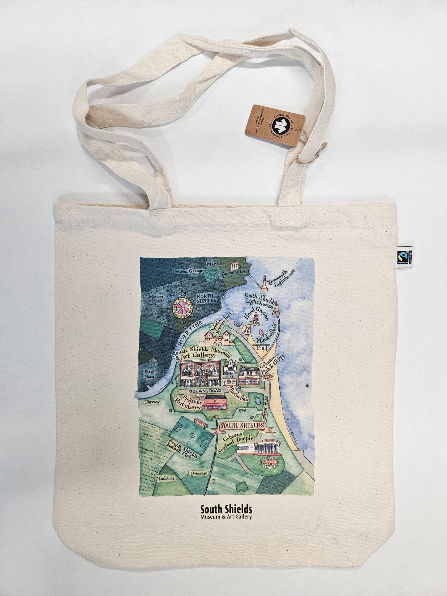 Canvas tote bag with a printed design on a white background