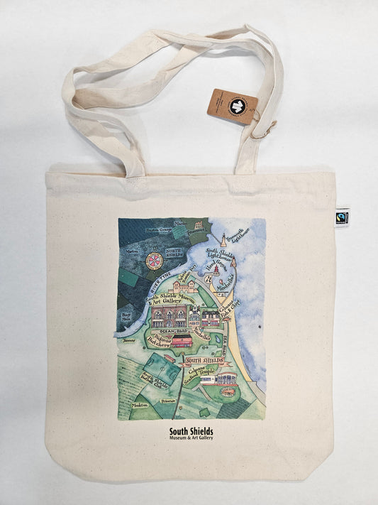 Canvas tote bag with a printed design on a white background