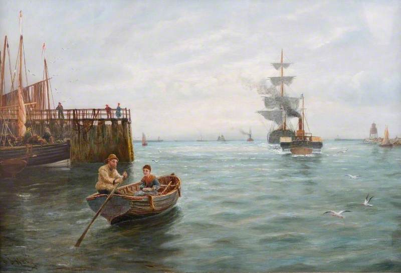 A painted harbor scene with a small rowboat in the foreground carrying two people, a wooden pier on the left, and several sailing ships on the water under a cloudy sky.