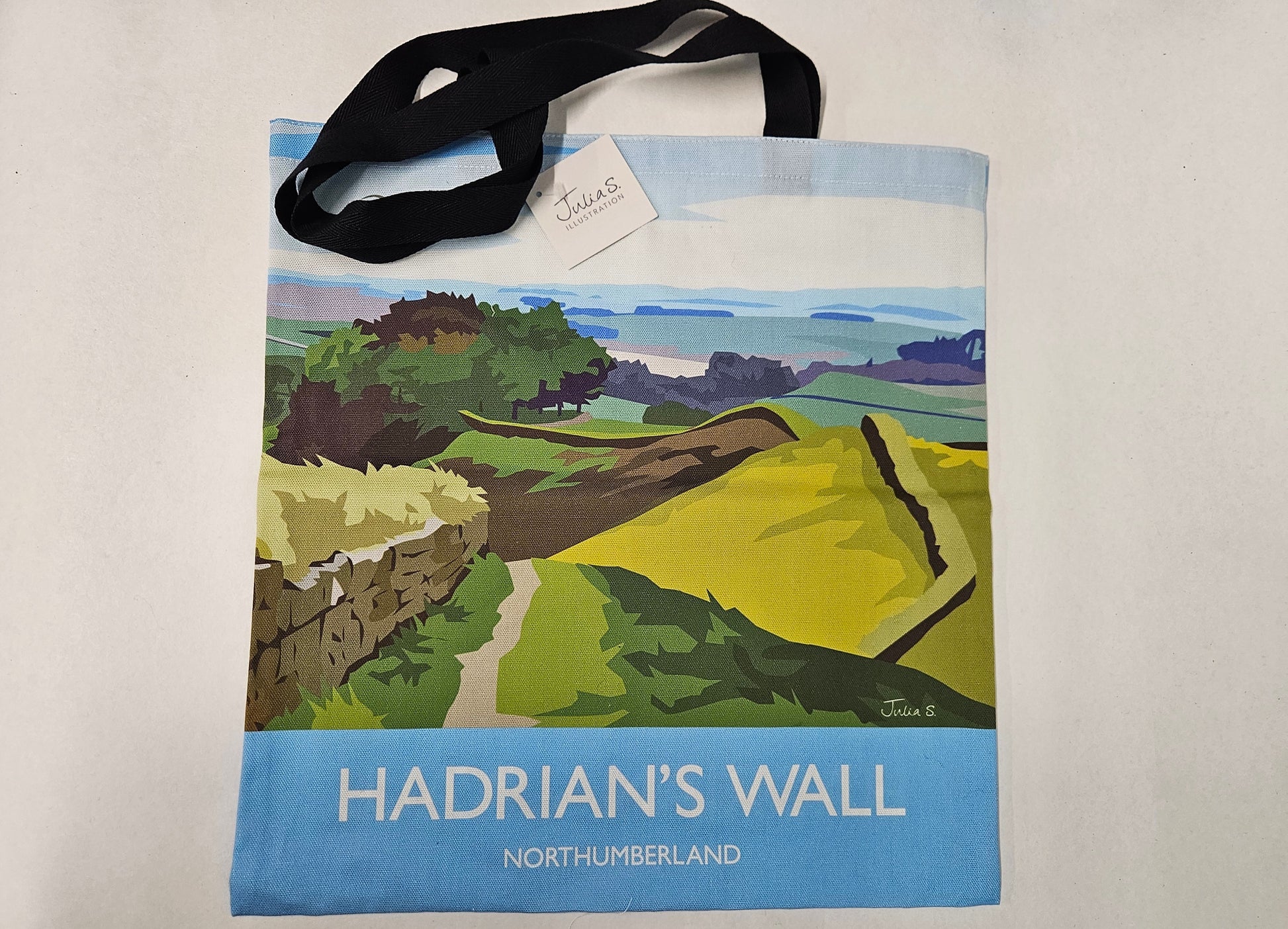 A printed square bag with colourful image of a wall and green countryside and black handles. 