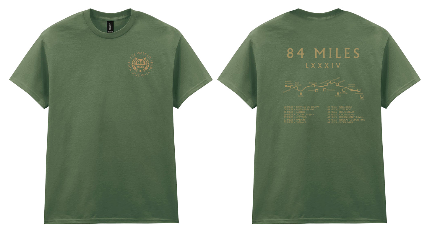 Green t-shirt with front and back designs on a white background