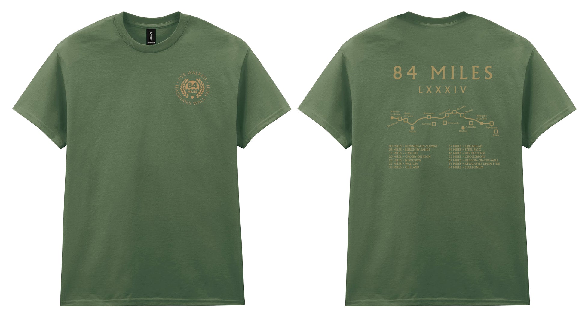 Green t-shirt with front and back designs on a white background