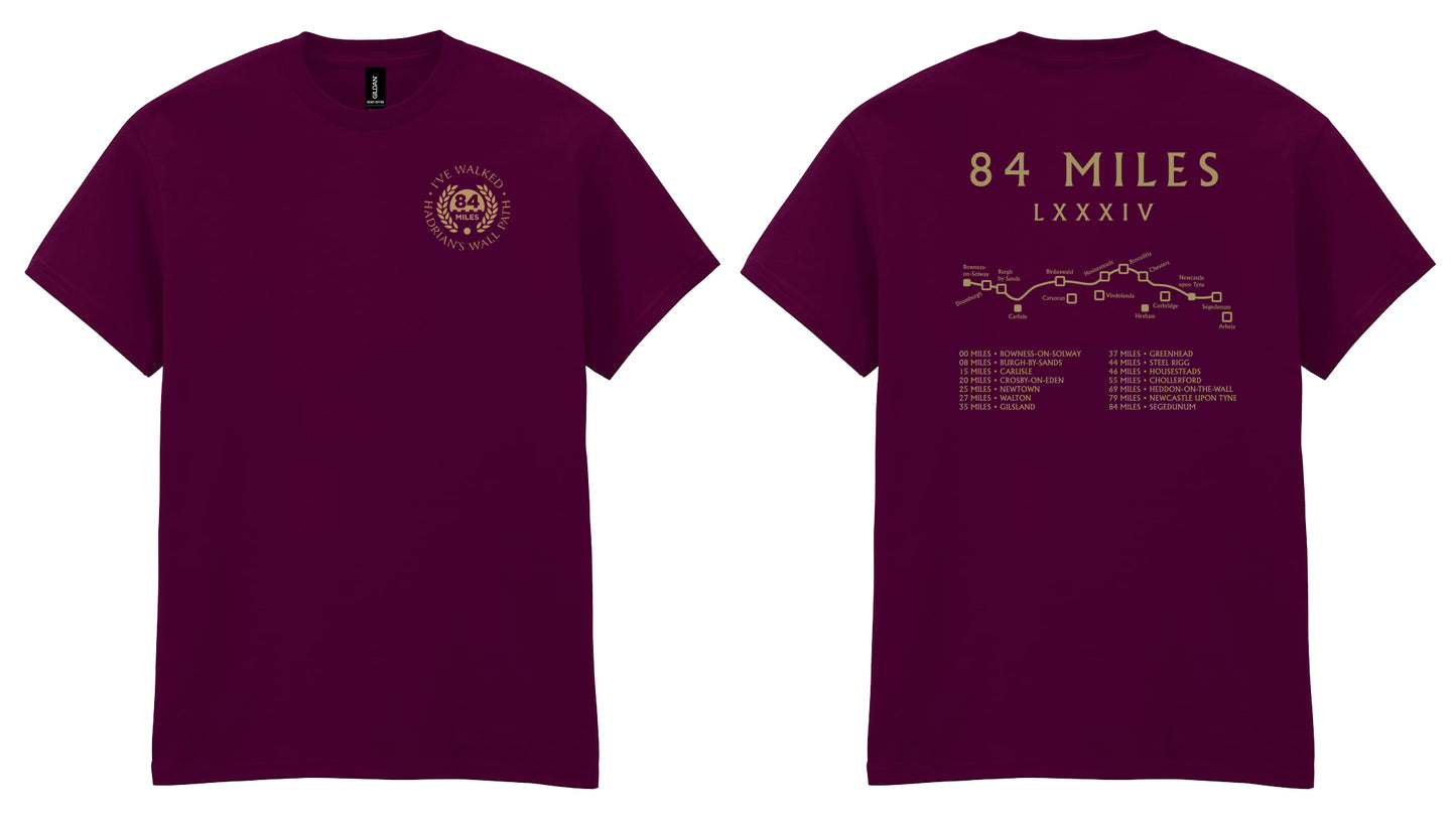 Maroon t-shirt with front and back designs on a white background