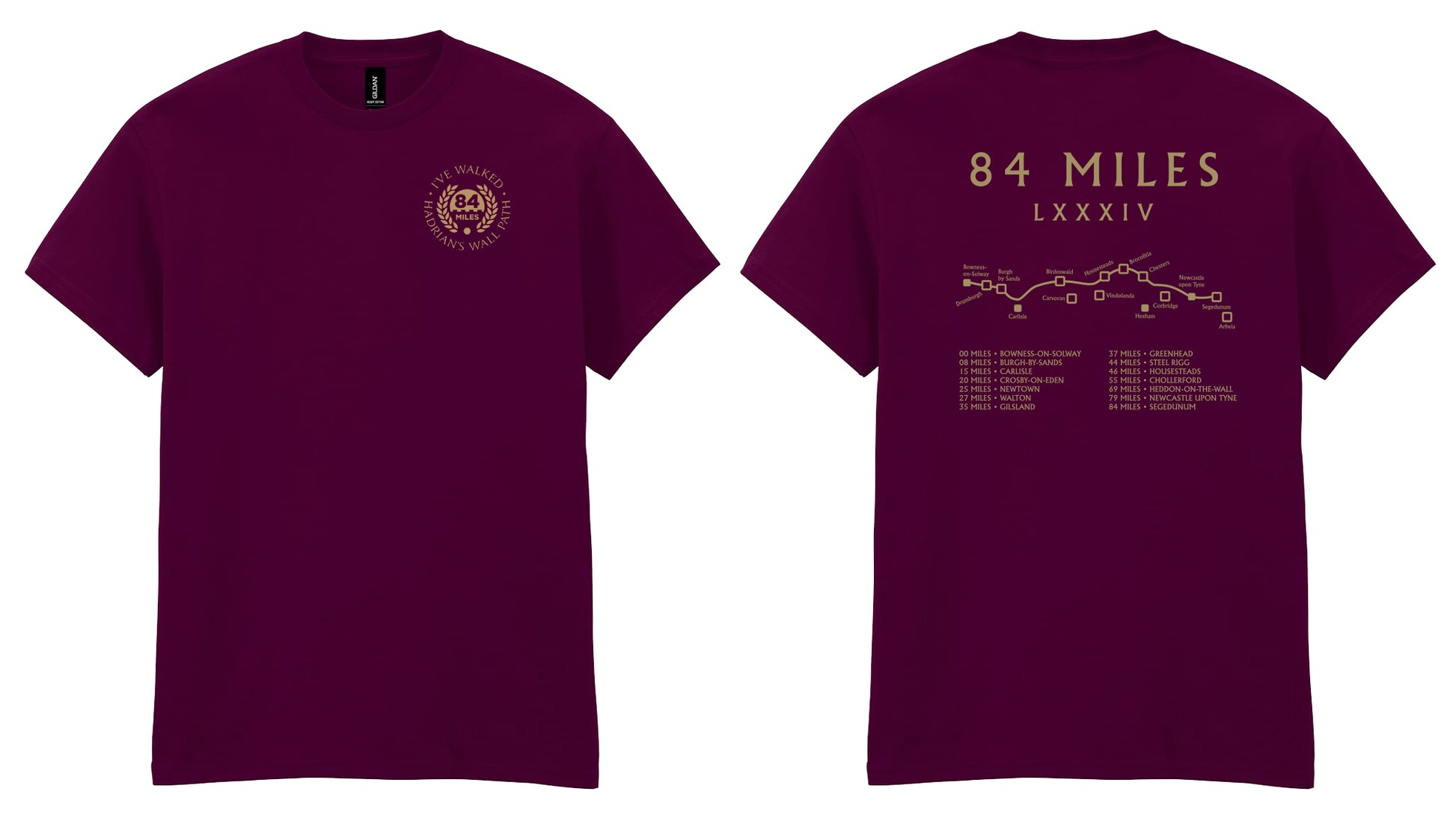 Maroon t-shirt with front and back designs on a white background