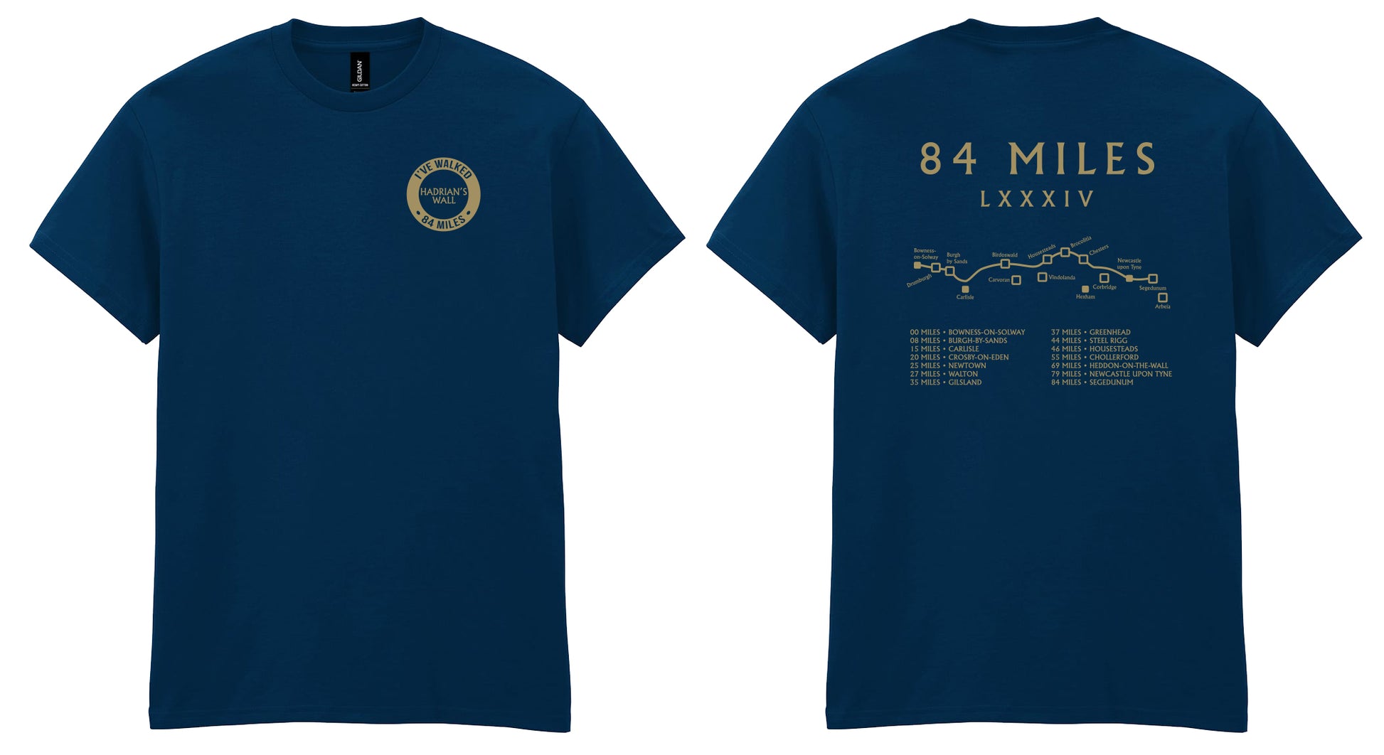 Two blue t-shirts with different designs on a white background