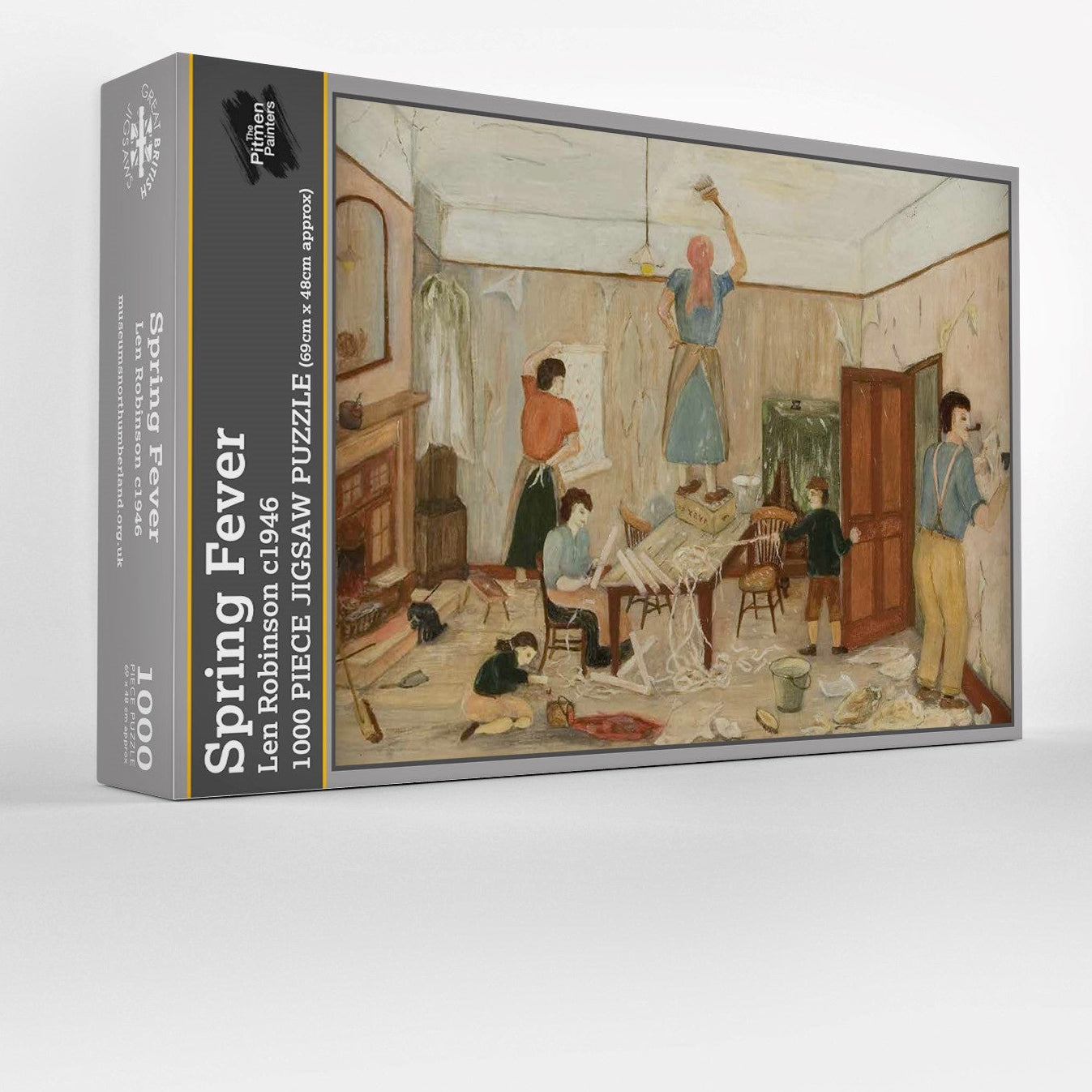 Jigsaw puzzle box with artwork of people decorating and a lady stood on the table painting the ceiling and more people busy with wallpaper. 