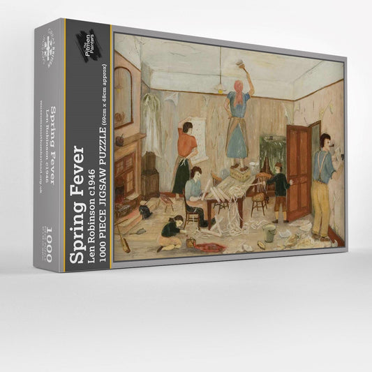 Jigsaw puzzle box with artwork of people decorating and a lady stood on the table painting the ceiling and more people busy with wallpaper. 