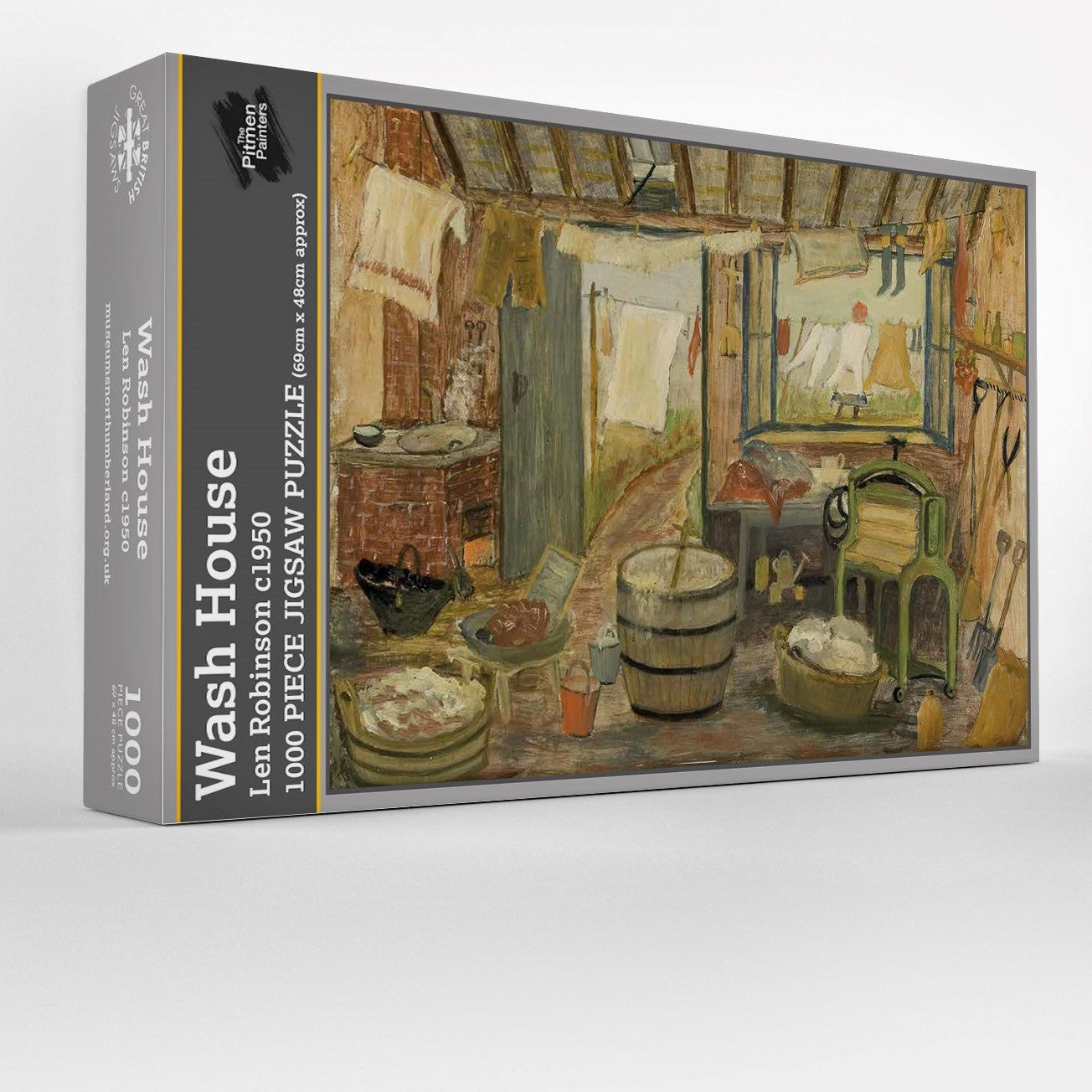Jigsaw puzzle box for 'Wash House', a room with washing hanging, a barrel and mangle for washing clothes 