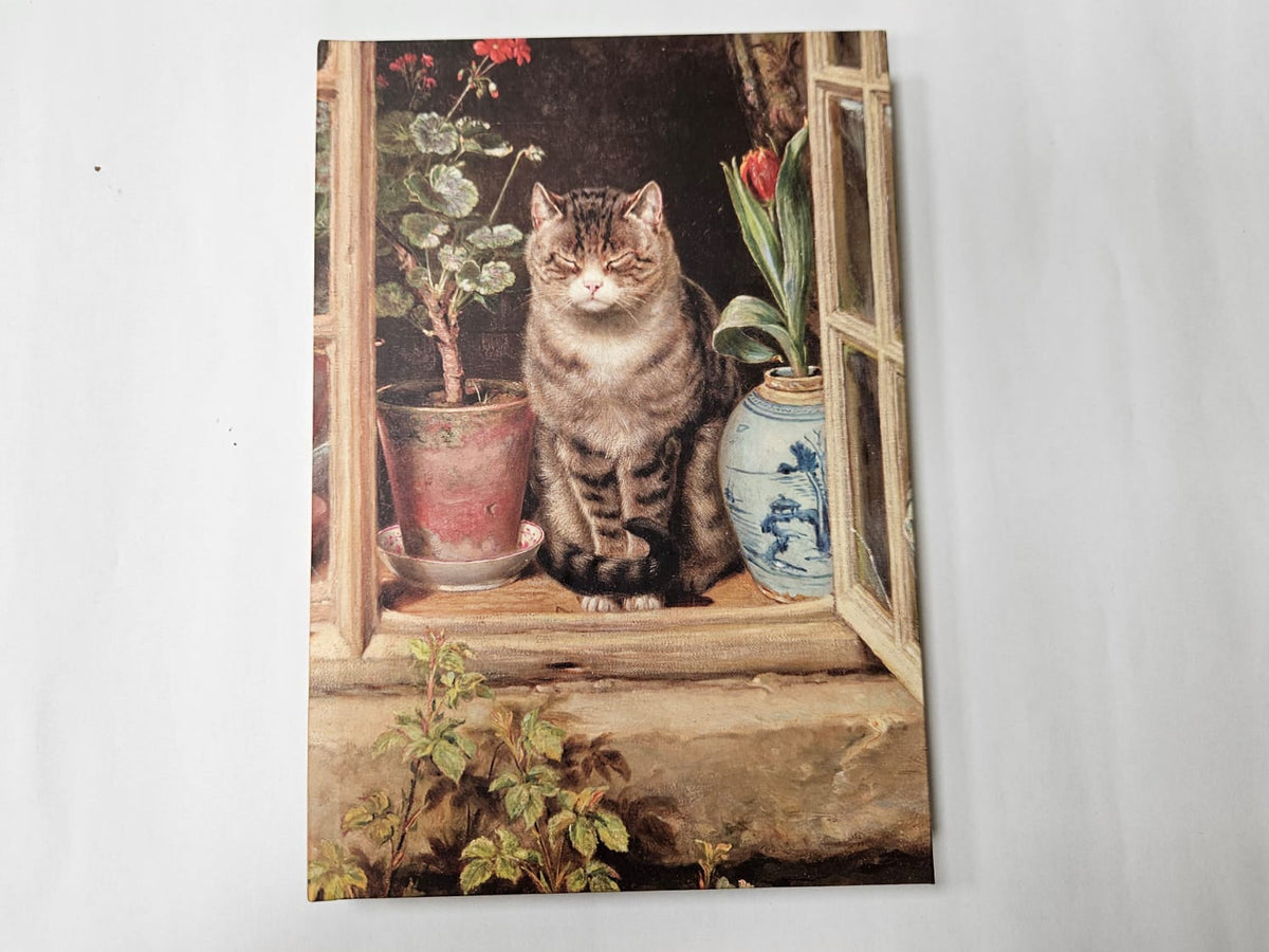 An image featuring a tabby cat sitting by an open window with potted plants